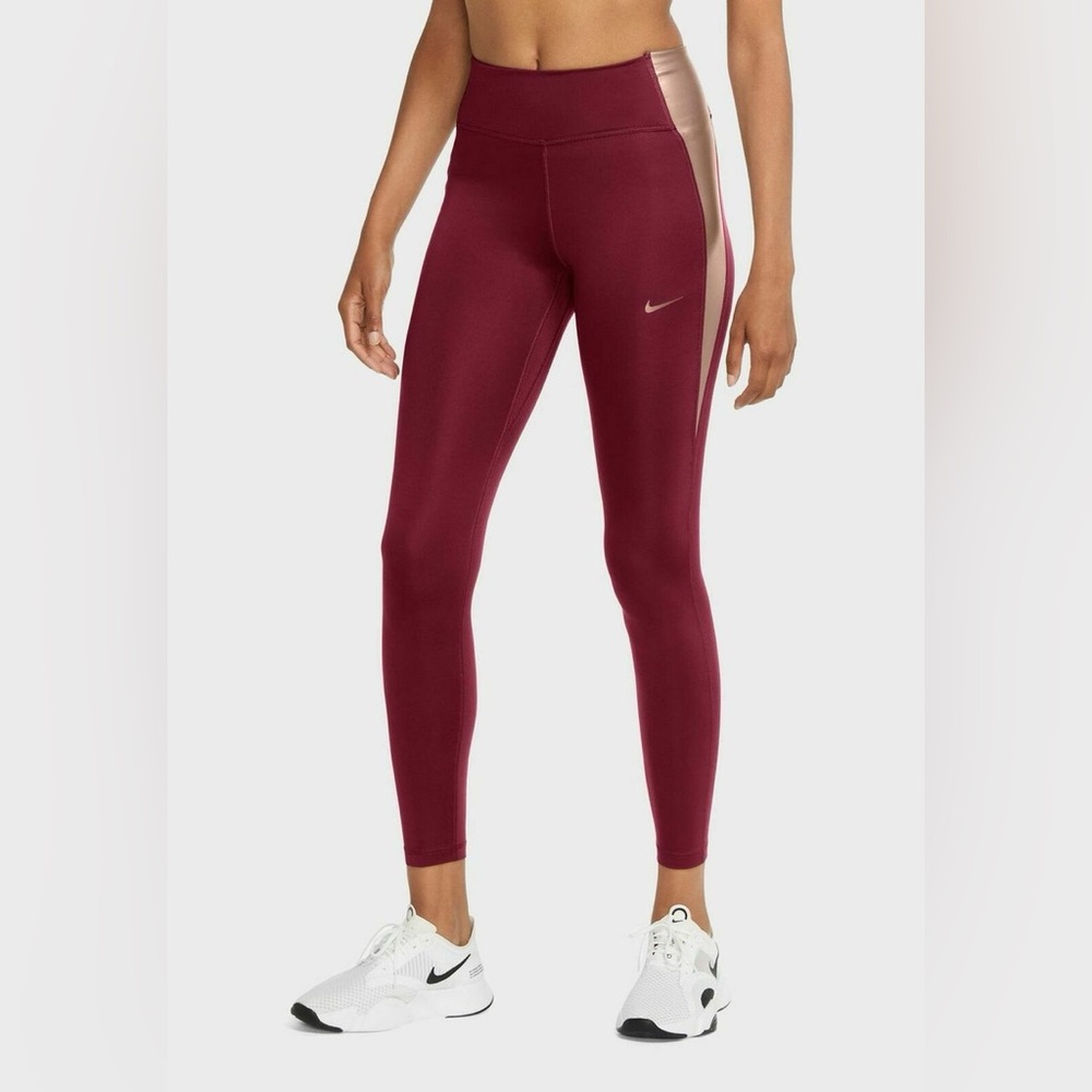 {NIKE} Women's Nike One Dri-Fit Maroon Red Metallic Rose Gold Leggings